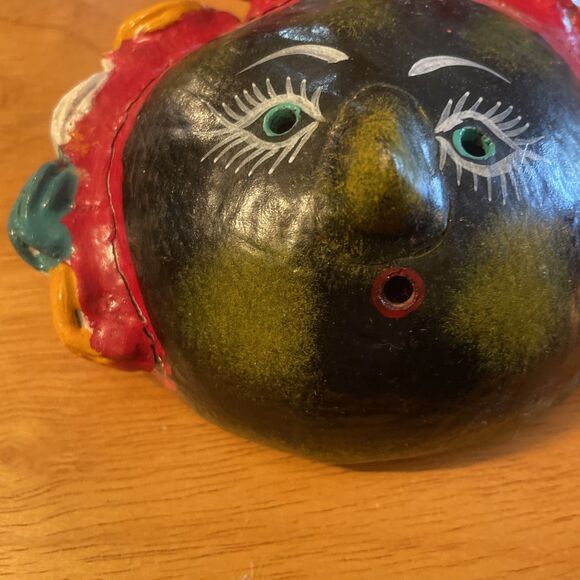 Vintage Hand Painted Mexican Folk Art Coconut Shell Mask Lady Spiky Hair - Picture 5 of 9